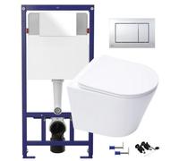 GravaHaus Gloss White Hidden Fixation Rimless Wall Hung Toilet Pan & 1.12M Concealed Cistern Frame Wc Unit With Gloss Chrome Flush Plate
