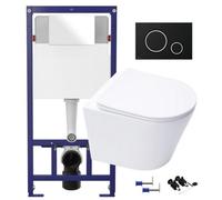 GravaHaus Gloss White Hidden Fixation Rimless Wall Hung Toilet Pan & 1.12M Concealed Cistern Frame Wc Unit & Matt Black, Trim Flush Plate