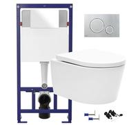 GravaHaus Gloss White Hidden Fixation Rimless Wall Hung Toilet Pan & 1.12M Concealed Cistern Frame Wc Unit & Gloss Chrome, Trim Flush Plate