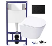 GravaHaus Gloss White Hidden Fixation Rimless Wall Hung Toilet Pan & 1.12M Concealed Cistern Frame Wc Unit With Matt Black Flush Plate