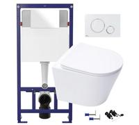 GravaHaus Gloss White Hidden Fixation Rimless Wall Hung Toilet Pan & 1.12M Concealed Cistern Frame Wc Unit & Matt White, Trim Flush Plate