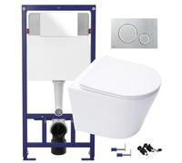 GravaHaus Gloss White Hidden Fixation Rimless Wall Hung Toilet Pan & 1.12M Concealed Cistern Frame Wc Unit & Gloss Chrome, Trim Flush Plate
