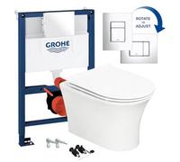 GravaHaus Gloss White Hidden Fixation Rimless Wall Hung Toilet Pan & Grohe 0.82M Concealed Wc Cistern Frame Set