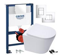 GravaHaus Gloss White Hidden Fixation Rimless Wall Hung Toilet Pan & Grohe 0.82M Concealed Wc Cistern Frame