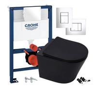 GravaHaus Matt Black Hidden Fixation Rimless Wall Hung Toilet Pan & Grohe 0.82M Concealed Wc Cistern Frame