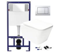 GravaHaus Square Gloss White Hidden Fixation Rimless Wall Hung Toilet & 1.12M Concealed Cistern Frame Wc Unit With Gloss Chrome Flush Plate