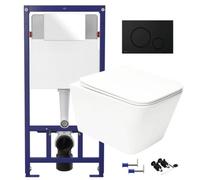 GravaHaus Square Gloss White Hidden Fixation Rimless Wall Hung Toilet & 1.12M Concealed Cistern Frame Wc Unit With Matt Black Flush Plate