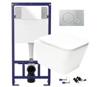 GravaHaus Square Gloss White Hidden Fixation Rimless Wall Hung Toilet & 1.12M Concealed Cistern Wc Frame & Gloss Chrome, Trim Flush Plate