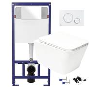 GravaHaus Square Gloss White Hidden Fixation Rimless Wall Hung Toilet Pan & 1.12M Concealed Cistern Wc Frame & Matt White, Trim Flush Plate