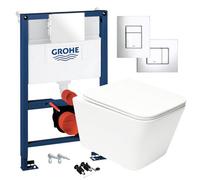GravaHaus Square Gloss White Hidden Fixation Rimless Wall Hung Toilet Pan & Grohe 0.82M Concealed Wc Cistern Frame