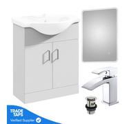 GravaHaus White 650mm Floor Standing 2-Door Vanity Unit & Round Basin With Square Chrome Tap And Ambient Mirror