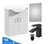 GravaHaus White 650mm Floor Standing 2-Door Vanity Unit & Round Basin With Square Matt Black Tap And Ambient Mirror