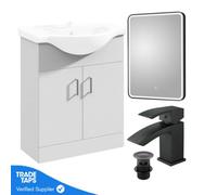 GravaHaus White 650mm Floor Standing 2-Door Vanity Unit & Round Basin With Square Matt Black Tap And Black Framed Mirror