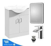 GravaHaus White Gloss 650mm Floor Standing 2-Door Vanity Unit & Round Basin With Round Chrome Tap And Black Framed Mirror