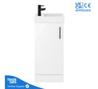 GravaHaus White Gloss Floor Standing Vanity Unit 400mm With Black Tap, Waste & Handle