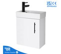 GravaHaus White Gloss Wall Hung Vanity Unit 400mm With Black Tap, Waste & Handle