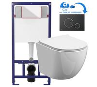 GravaHaus White Round Rimless Wall Hung Pan & Soft Close Seat Toilet & Flush Plate Set-Black Chrome