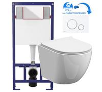 GravaHaus White Round Rimless Wall Hung Pan & Soft Close Seat Toilet & Flush Plate Set-Gloss White