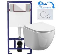 GravaHaus White Round Rimless Wall Hung Pan & Soft Close Seat Toilet & Flush Plate Set-Matt White