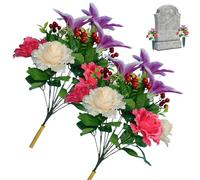 Grave Flowers For Cemetery,2 Bundles Artificial Flowers For Graves 17.3'' Grave Flowers 12 Heads Cemetery Flowers Rose and Lily Memorial Silk Flowers, violet