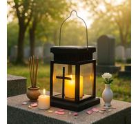 Grave Lantern Cemetery Weatherproof Outdoor Solar Lantern for Outdoor Garden Grave Grave Lamp for Urn Grave Black Grave Lanterns with LED Candles Lantern Small Candle Lantern Gift for Mourning (Cross)