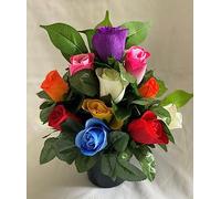 Grave Pot Arrangement Rose Artificial Silk Flower Flat Back Tribute Any Colour 12"
