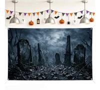Grave Stones Backdrop, Gothic Spooky Moon Dead Trees Halloween Black Photo Background for Photo Booth Party Gathering Event Background 71x43 Inch