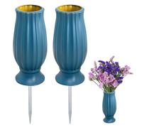 Grave Vase, Pack of 2 Cemetery Vases with Ground Spike, Fgrave Vases, Graveyard Frost-Proof, Plug-In Vase, Plastic Grave Vases with Metal Spikes, Grave Vases Cemetery for Holding Bouquets (Blue)