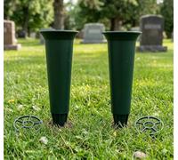 Grave Vases with Spike, Green, Plastic, Set of 2, Cemetery Flower Holders for Fresh or Artificial Flowers, with Grid Inserts