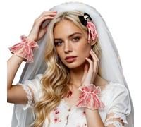 Graveyard Bride Accessory Set for Ladies, Skull Bow Hair Clip & Blood Splash Tulle Wrist Cuffs, Halloween Ghost Bride Fancy Dress Decor Kit
