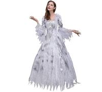 Graveyard Bride Costume for Ladies, Square Neck Bell Sleeve Tattered Vintage Gown, Gothic Ghost Bride Outfit for Halloween Cosplay, Fancy Dress Party, Horror Themed Event