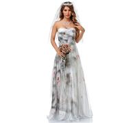 Graveyard Bride Costume for Ladies, Strapless Blood Splatter Zombie Gown, Gothic Ghost Bride Outfit with Tulle Veil for Halloween Cosplay, Fancy Dress, Horror Themed Party