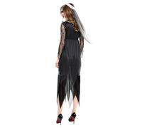 Graveyard Bride Costume for Ladies, Tattered Tulle Vampire Gown with Lace Sleeves, Veil and Choker, Gothic Ghost Fancy Dress for Halloween Cosplay