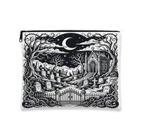Graveyard Canvas with Zipper, Gothic Spooky Moon Church Halloween Black Portable with Zipper Cosmetic Pouch for Travel, Vanity, Bathroom, Purse Storage and Daily Use, Black, 7x9 Inch, Gothic