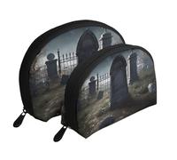 Graveyard Tombstone Printing Shell Makeup Bag Set 2-Piece Cosmetic Bags Portable Travel Makeup Storage Bag for Women Girls