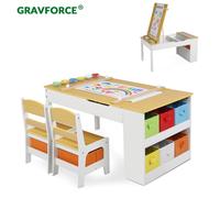 GRAVFORCE Kids Art Table and Chair Set, Wooden Toddler Craft Easel Desk with 2-Tier Open Shelf, Storage Bins, Paper Roll, Paint Cups, Children Play Activity Furniture