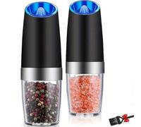 Gravity Electric Salt and Pepper Grinder Set - 2 Pack Automatic Mills with Adjustable Coarseness, LED Light, Battery Powered, One-Handed Use (Black) (Black+Black (Includes Cleaning Brush))