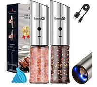 Gravity Electric Salt and Pepper Grinder Set of 2,USB Rechargeable Kitchen Electric Pepper Mill with Adjustable Grinder and LED Light,Tall Glass Salt and Pepper Grinders Refillable