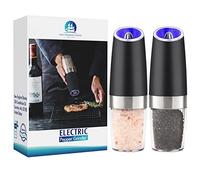 Gravity Electric Salt and Pepper Grinder Set, One Handed Operation, Battery Powered Automatic Pepper Mill with Spoon, Cleaning and Dust Brush, Adjustable Coarseness, Black