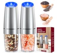 Gravity Electric Salt and Pepper Grinder Set, Stainless Steel Larger Capacity Automatic Pepper Mill Grinder Shakers, Battery Powered Blue LED Light, Adjustable Coarseness, One Hand Operation, 2 Pack