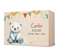 GRAVURZEILE Keepsake Box for Babies - Party Animals Polar Bear - Personalised with Name & Date - Wooden Box for Girls & Boys - Gift for Baby for Birth - Memory Box for Newborns