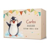 GRAVURZEILE Memory Box for Babies - Party Animals Penguin - Personalised with Name & Date - Wooden Box for Girls & Boys - Gift for Baby for Birth - Memory Box for Newborns