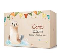 GRAVURZEILE Memory Box for Babies - Party Animals Seal - Personalised with Name & Date - Wooden Box for Girls and Boys - Gift for Baby for Birth - Memory Box for Newborns