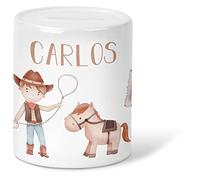 GRAVURZEILE Money Box for Children - in Cowboy Design - Personalised with Name - Gift for Boys and Girls for Birthday Communion Birth School Christmas