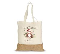 GRAVURZEILE Printed Cork Shopping Bag - Winter Green - Personalised with Name - Cotton & Cork Trim Shopping Bag - Carry Bag with Long Handles - Gift for Christmas, Bear, Onesize