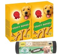 Gravy Bones Dog Treats 400g x 2 with 50 KRISP Doggy Poo Bags, Crunchy Biscuits, Training & Reward Bundle