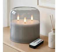 Gray 3 Wick Glass Real Wax Flameless Battery-Operated LED Pillar Candle | 6x6 inch Extra Large Candle with Remote and Timer 3D Flickering Flame, Perfect for Festival, Wedding and Home Party Decor