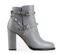 Gray,4.5 UK,Womens PU Leather Ankle Boots Round Toe Chunky Block Heel Short Booties Studded Winter Fall Dress Shoes with Belt Buckle Strap