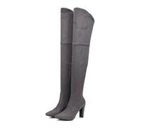 Gray,6 UK,Womens Thigh High Block Heel Over The Knee Boots Faux Suede Elasticity Long Boots Pointed Toe Side Zip Tall Boots for Winter Fall