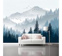 Gray-Black Photo Wallpaper, Nature Mountains Pine Forest Clouds and Mist Print Wall Mural, Wall Mural Decoration Poster Design, Canvas Material for Living Room Bedroom 300 x 210 cm (W x H)
